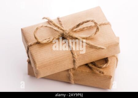 Craft gift boxes on white background Stock Photo