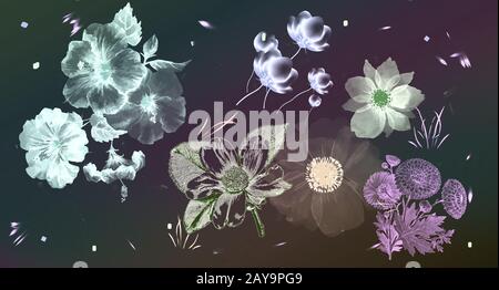 Flowers in vintage style on black background. Stock Photo