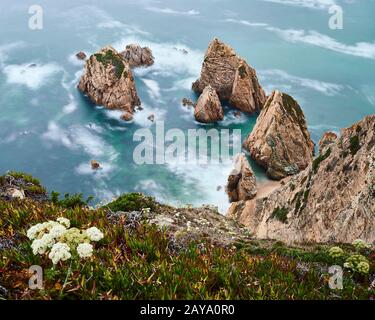 Aerial view of rocky beach on a cloudy day Stock Photo