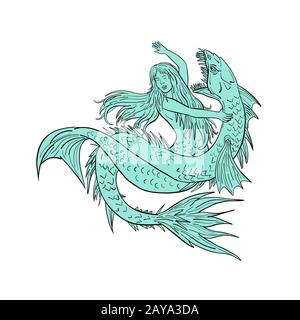 Mermaid Grappling With Sea Serpent Drawing Color Stock Photo