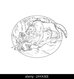 Fenrir Attacking Norse God Odin Drawing Black and White Stock Photo