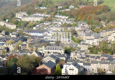 panoramic aerial view of the town of hebden bridge in west yorkshire showing the streets houses Stock Photo