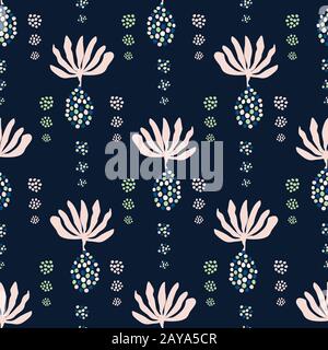 Floral Damask Motif Background. Naive Seed Blossom Dark Flower Seamless Pattern. Elegant Exotic Tropical Bloom on Classic Blue Indigo. Hand Drawn Stock Vector