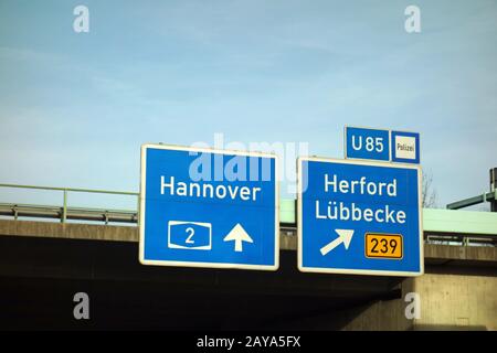 highway sign, hannover, a2, herford, luebbecke, b 239, u85 Stock Photo