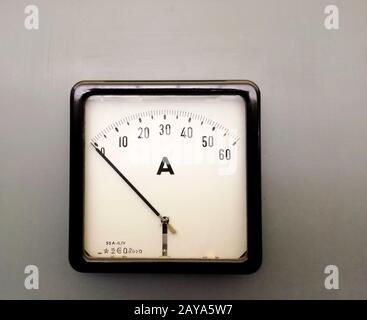 a large square industrial ammeter with an analogue dial with numbers with standard electrical symbols on a white dial on a grey Stock Photo