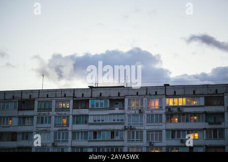 October 4, 2018. Ghetto architecture the collapse of the Soviet Union. Echo of the USSR. Country high-rise houses in the evening Stock Photo