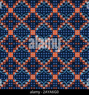 Classic Blue Floral Diamond Checl Symmetry Motif Background. Dark Abstract Flower Dot Mosaic Seamless Pattern. Geometric Pixel Effect Checkerboard Stock Vector