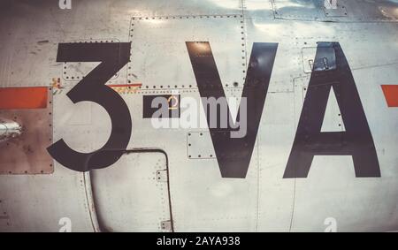 Old vintage airplane fuselage closeup view Stock Photo