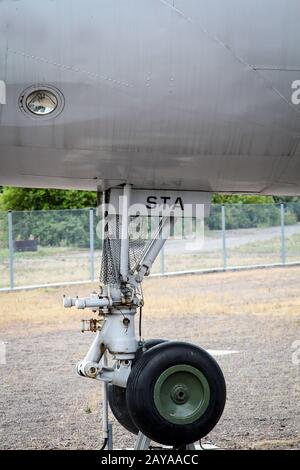 detail view of an airplane, nose wheel of an airplane Stock Photo