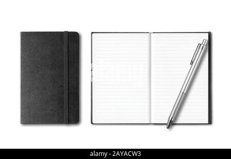 Black closed and open notebooks with pen isolated on white Stock Photo