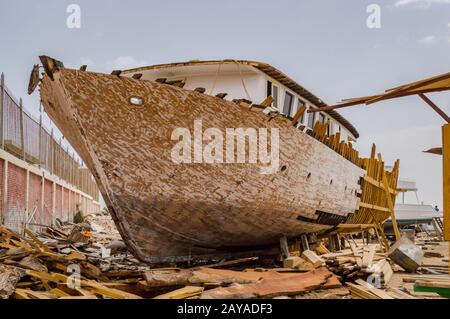 Wooden ship being renovated in a construction Stock Photo