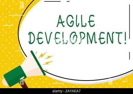 Writing note showing Agile Development. Business photo showcasing alliance between selforganizing crossfunctional team Oval Shap Stock Photo
