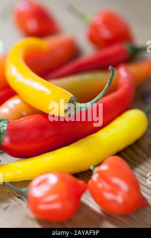 Heap of various chili peppers on a wooden background. Cooking ingredients, spicey taste and organic food concept. Stock Photo