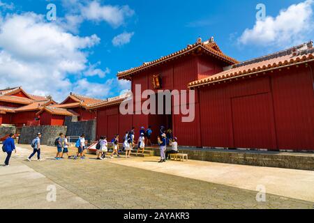 Shureimon Gate in Shuri castle in Okinawa, Japan. The wooden tablet that adorns the gate features Chinese characters that mean L Stock Photo