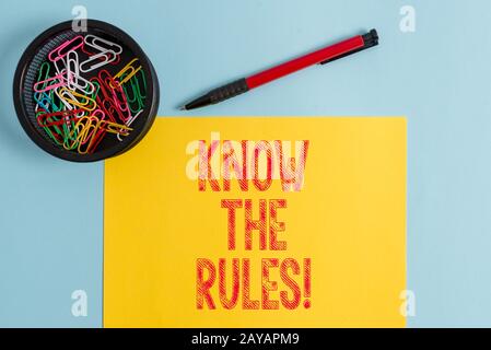 Text sign showing Know The Rules. Conceptual photo set explicit or regulation principles governing conduct. Stock Photo