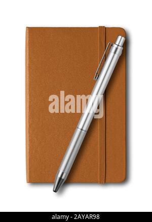 Leather closed notebook and pen isolated on white Stock Photo