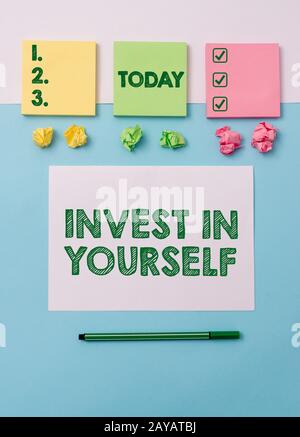 Writing note showing Invest In Yourself. Business photo showcasing learn new things or materials thus making your lot better Not Stock Photo