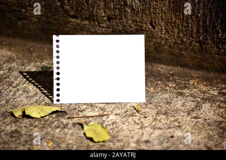 Closeup Photo of Empty Spiral Bound Notebook Sheet Torn Off and Folded in Half against Old Stone Wall with Trampled Dried Autumn Stock Photo