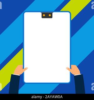 Close up front view two executive male hands holding electronic device geometrical background. Business man sustaining project t Stock Photo