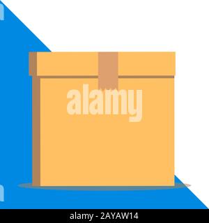 Close up front view open brown cardboard box isolated with lid sealed. Blank background. Flat style. Carton texture. Abstract de Stock Photo