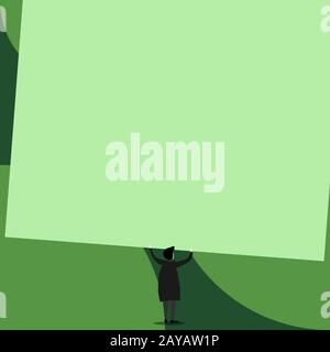 Back view standing short hair woman with dress hands up holding big blank rectangle. Empty text promoting ideas major announceme Stock Photo