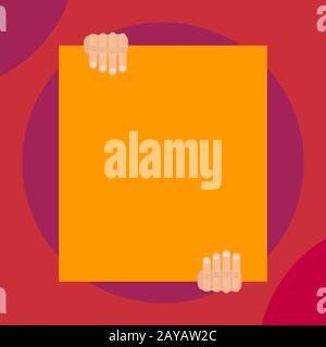 Close up front view big blank rectangle holding two hands up down abstract geometrical background. Empty text promoting ideas ma Stock Photo