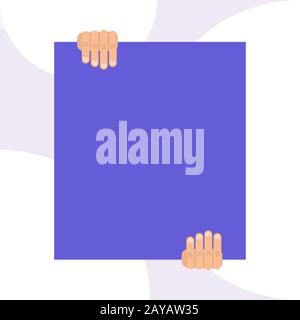 Close up front view big blank rectangle holding two hands up down abstract geometrical background. Empty text promoting ideas ma Stock Photo