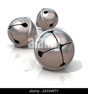 Three silver sleigh bells, 3D Stock Photo