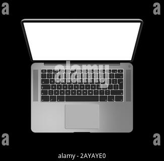 Open laptop top view with blank screen, isolated on black. Dark silver. 3D render Stock Photo