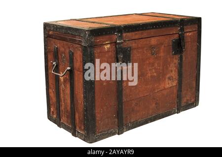 Old vintage retro wooden chest with iron strapping isolated on white background Stock Photo