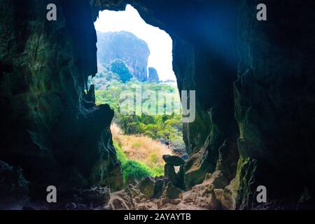 Entrance of natiral cave, view from inside Stock Photo