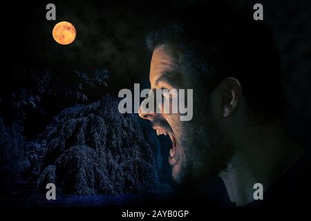 Screaming man before the full moon in a scary halloween night scene. Stock Photo