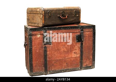 Old retro wooden chest and vintage grunge suitcase isolated on white background Stock Photo