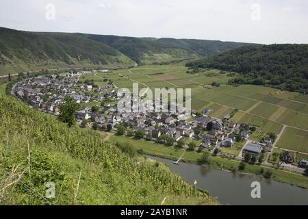 View from Valwiggerberg into the Mosel valley to the wine village Ernst Stock Photo