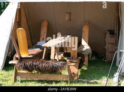 Tent camp and medieval objects during a medieval spectacle Stock Photo ...