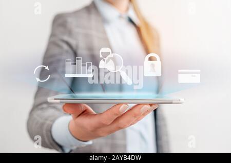 Update software computer program upgrade technology Internet business woman using tablet computer. Lady front presenting hand bl Stock Photo