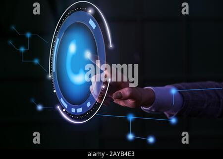 Businessman clicking on live contact icon. Customer service call center contact us concept. Lady front presenting hand blue glow Stock Photo