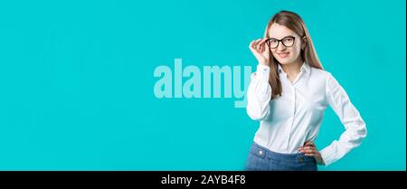 Blank for advertising. Portrait young caucasian woman worker teacher coach mentor in white shirt office style business lady lead Stock Photo