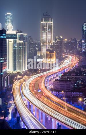 viaduct road through the center of the city at night Stock Photo