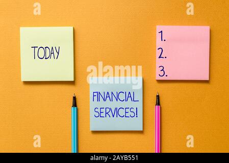 Conceptual hand writing showing Financial Services. Business photo showcasing Money and Investment Leasing Lending Stocks Broker Stock Photo