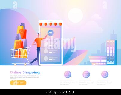 Online shopping people and interact with shop. Landing page template. Isometric vector illustration. Stock Photo