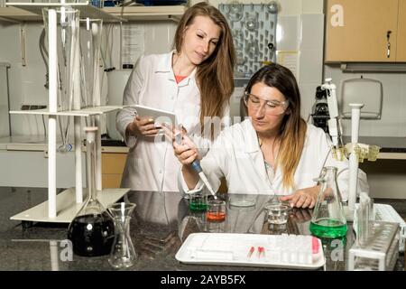 Team of two female laboratory technicians working in chemical or pharmaceutical laboratory Stock Photo