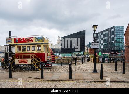 A beautiful classic ice-cream van at the Liverpool Docks, Port of Liverpool, late on a cloudy afternoon Stock Photo