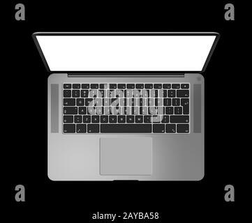 Open laptop top view with blank screen, isolated on black. Dark silver. 3D render Stock Photo