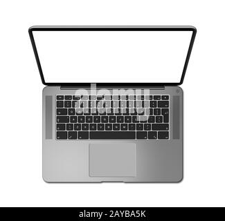 Open laptop top view with blank screen, isolated on white. Dark silver. 3D render Stock Photo