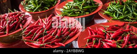 Colorful chilli peppers stall at asian market