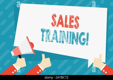 Text sign showing Sales Training. Conceptual photo train salesshowing the methods of great sales techniques Hand Holding Megapho Stock Photo