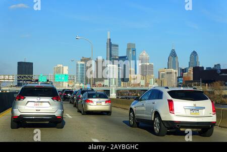 Philadelphia, Pennsylvania, U.S.A - February 9, 2020 - The view of the traffic into the city during the day Stock Photo