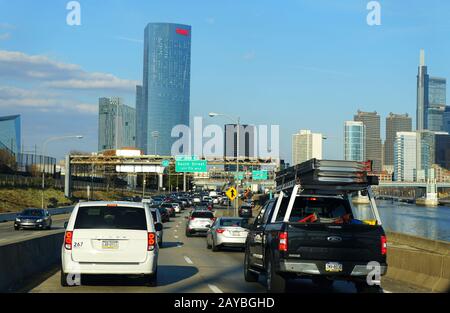 Philadelphia, Pennsylvania, U.S.A - February 9, 2020 - The view of the traffic into the city during the day Stock Photo