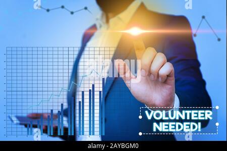 Text sign showing Volunteer Needed. Conceptual photo need work for organization without being paid. Stock Photo